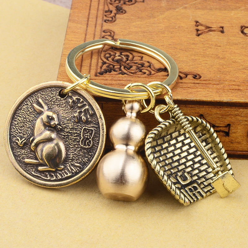 Dustpan Gourd Key Pendant Pure Brass Small Gourd Keychain Pendant Mens Lucky Leaf Brave Key Chain