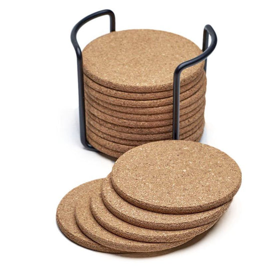 Natural Cork Coasters With Round 16pc Set with Metal Holder