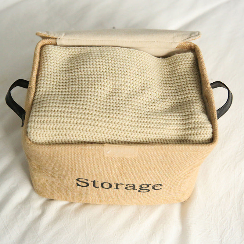 Hemp square clothing storage box cotton and linen retro folding green leather buckle covered storage box