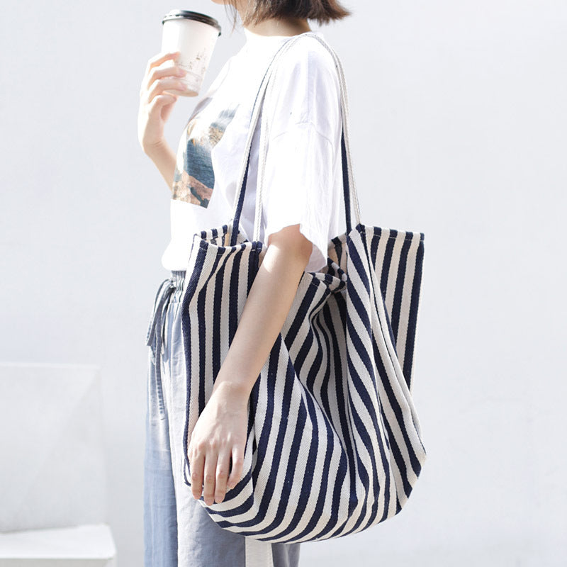 Striped Canvas Bags High Capacity Shoulder Bags For Women Fashion Shopper Handbags Casual Shopping Totes