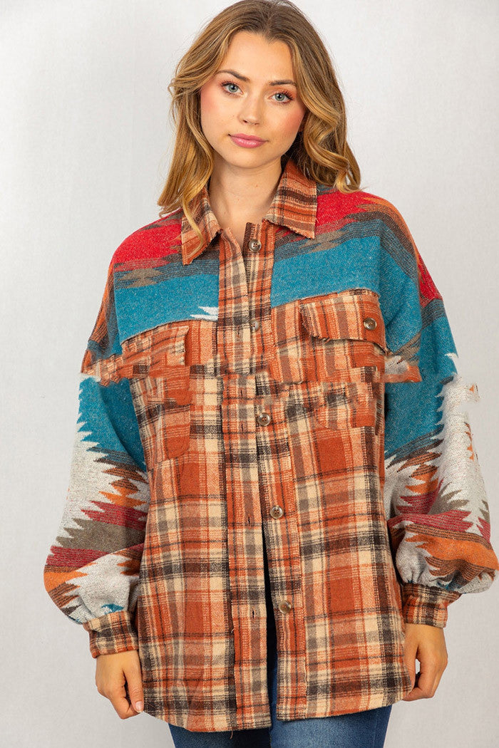 AZTEC Plaid Stitched Wool Coat Women Lapel Pocket