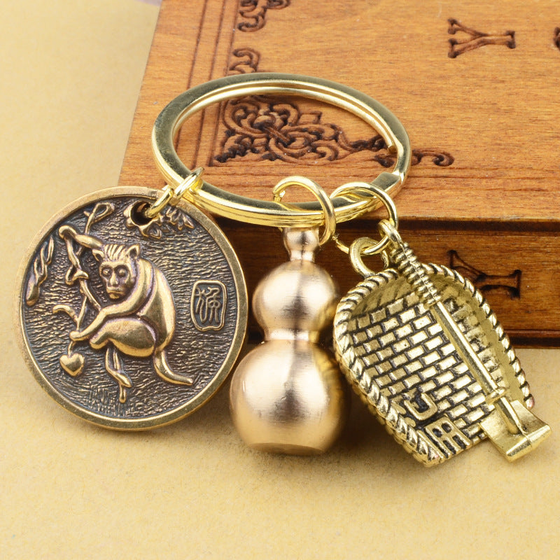 Dustpan Gourd Key Pendant Pure Brass Small Gourd Keychain Pendant Mens Lucky Leaf Brave Key Chain