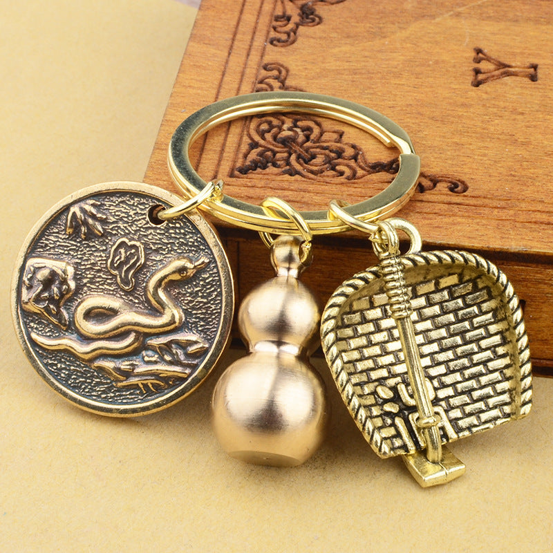 Dustpan Gourd Key Pendant Pure Brass Small Gourd Keychain Pendant Mens Lucky Leaf Brave Key Chain