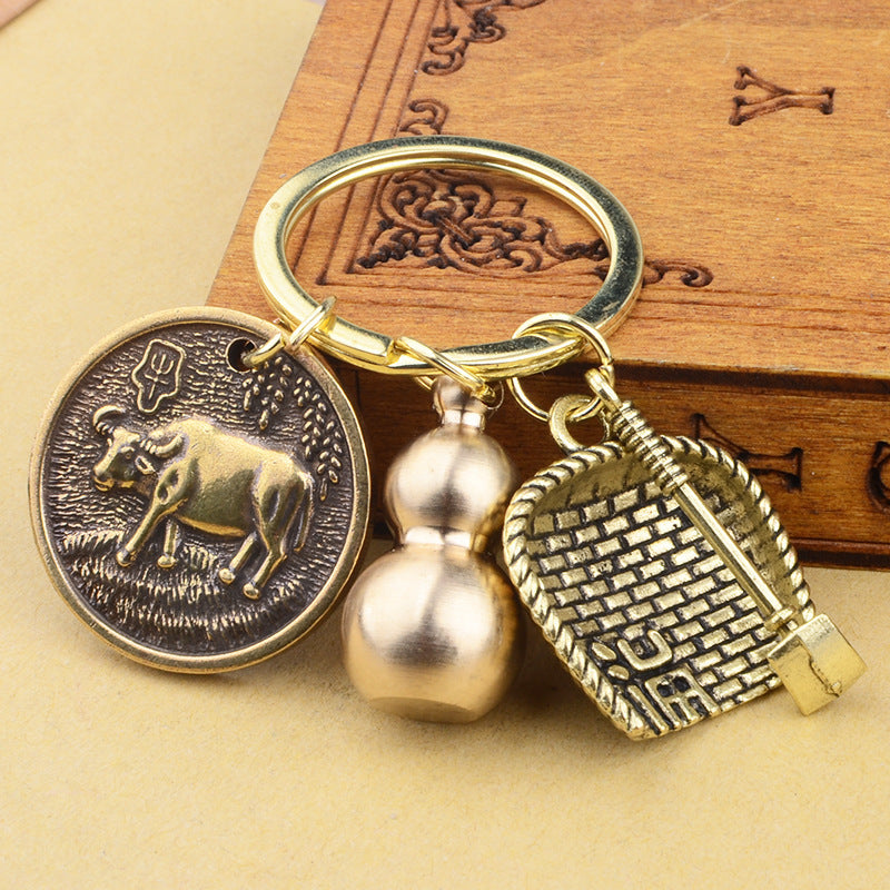 Dustpan Gourd Key Pendant Pure Brass Small Gourd Keychain Pendant Mens Lucky Leaf Brave Key Chain