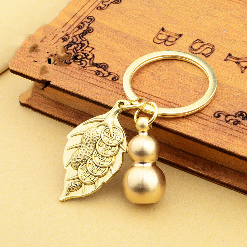 Dustpan Gourd Key Pendant Pure Brass Small Gourd Keychain Pendant Mens Lucky Leaf Brave Key Chain