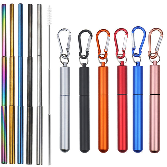 Stainless Steel Telescopic Straws Three Sections With Aluminum Storage Tube