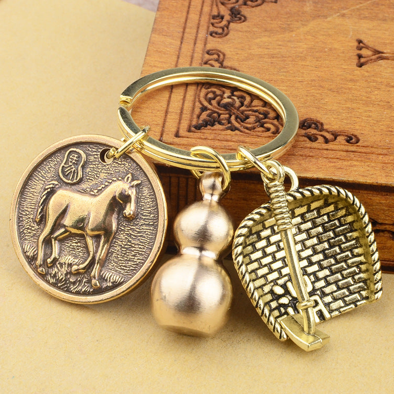 Dustpan Gourd Key Pendant Pure Brass Small Gourd Keychain Pendant Mens Lucky Leaf Brave Key Chain