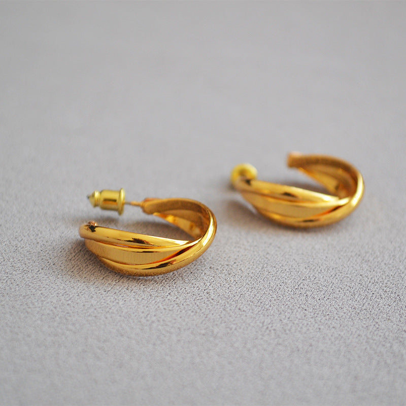 Brass 18K Gold Plating Winding Circle All-match Hoop Earrings Ear Studs