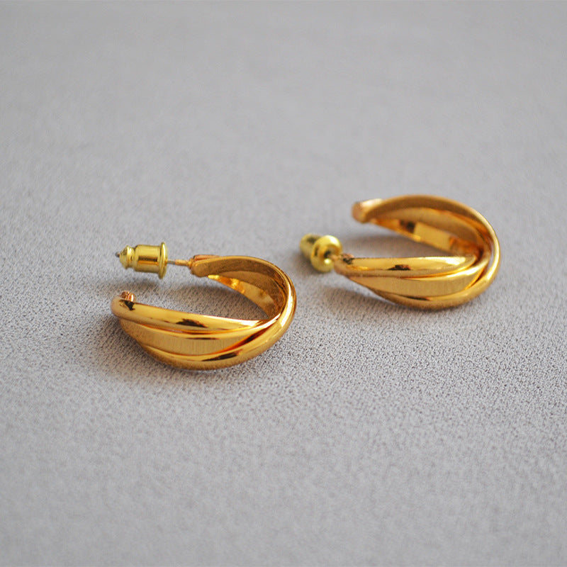 Brass 18K Gold Plating Winding Circle All-match Hoop Earrings Ear Studs